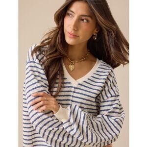 Altar’d State Raelynn V-Neck Striped Sweater Top Cream Blue Sz XXL